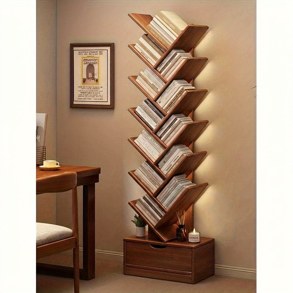 Regał Drewniany Pionowy TreeShelf – Półki Ukośne do Salonu