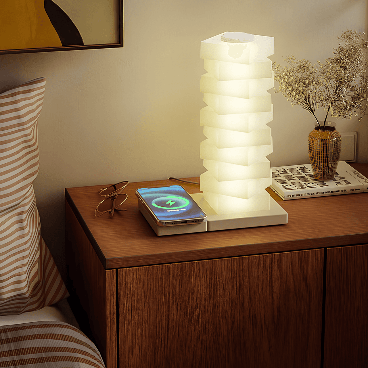 Skręcony Filar Światła z Regulowanym Abażurem | Lampa Ozdobna z Bezprzewodową Ładowarką 15W, Nowoczesny Design