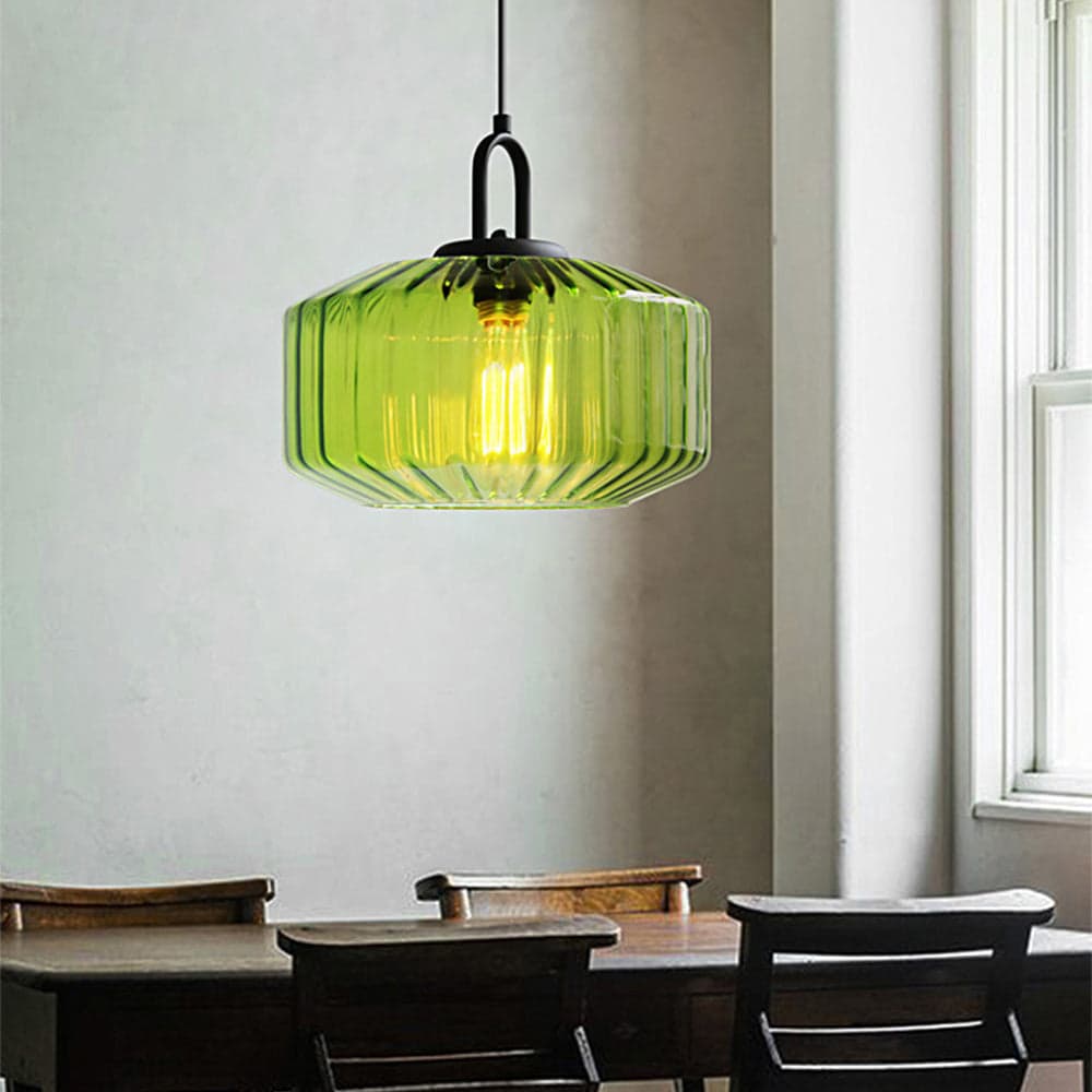 Lampa Wisząca Szklana Prążkowana Zielona | Elegancka Lampa do Salonu i Jadalni