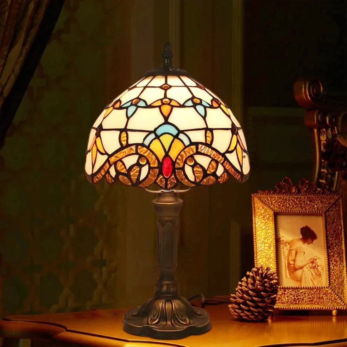 Antyczna Lampa Witrażowa | Ciepłe Oświetlenie, Ręcznie Wykonana, Szkło, 37x20 cm