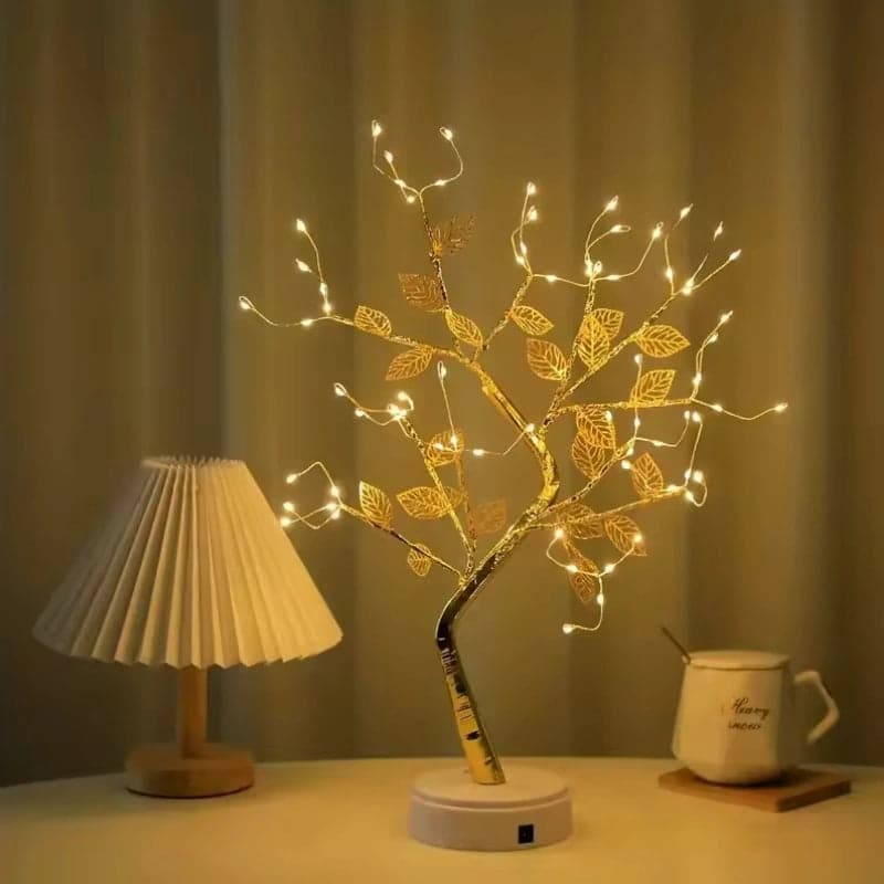 Lampa Dekoracyjna w Kształcie Drzewa z Złotymi Liśćmi | Ciepłe Białe Światło, Regulowane Gałęzie